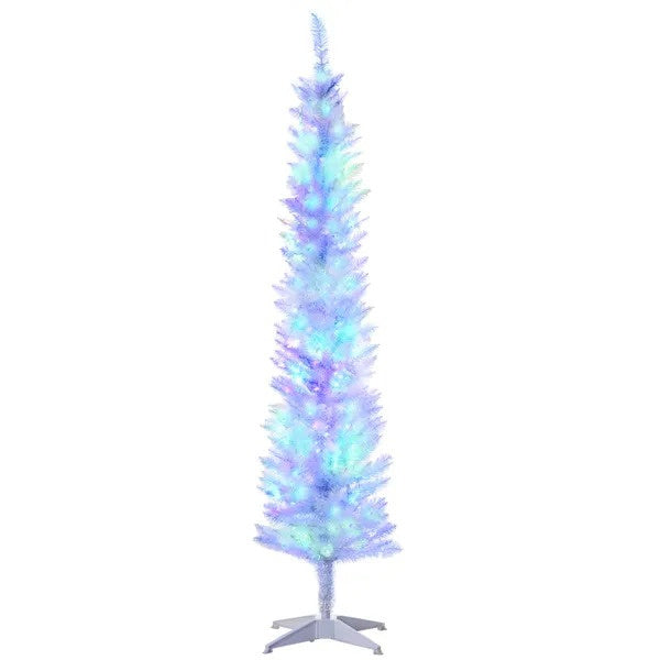6' Prelit Christmas Trees, Pencil Artificial Christmas Tree With Colourful Surface Tips, Colourful LED Lights, White